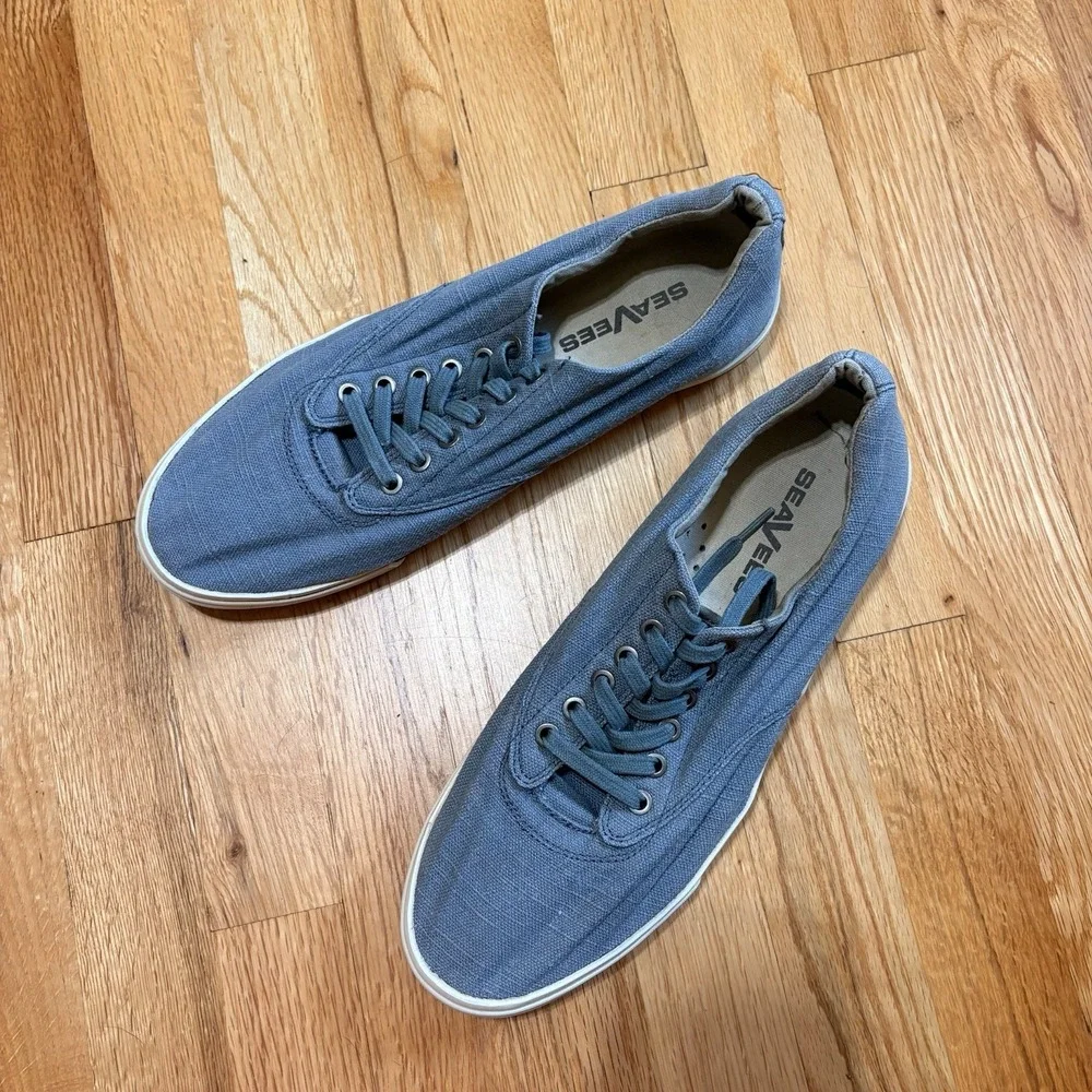 SeaVees Hermosa Plimsoll Shoes Mens 11.5 Blue Linen Casual Sneakers Vintage Wash